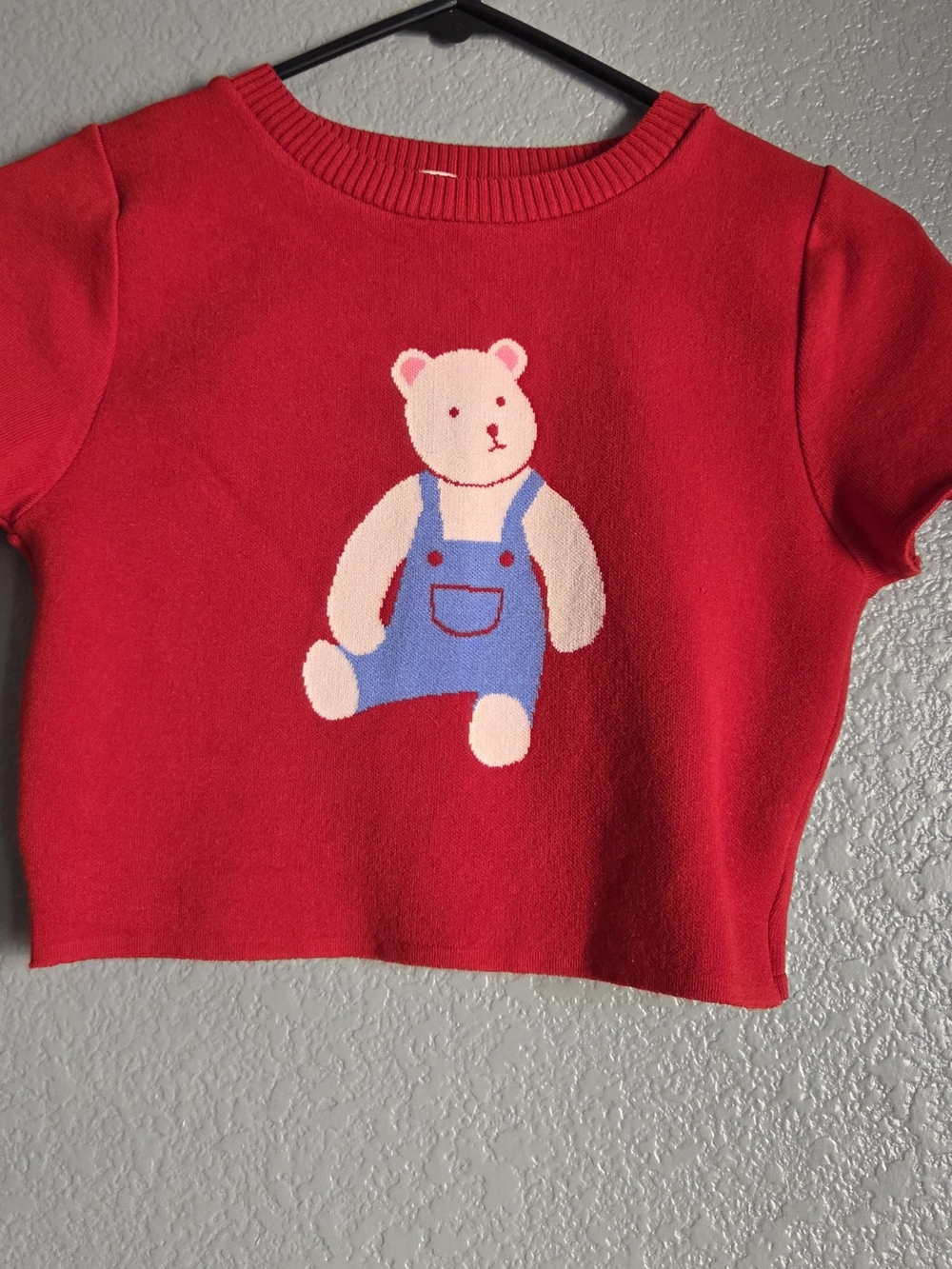 Women Crop Top Red Bear Knit Tee with Blue Overalls